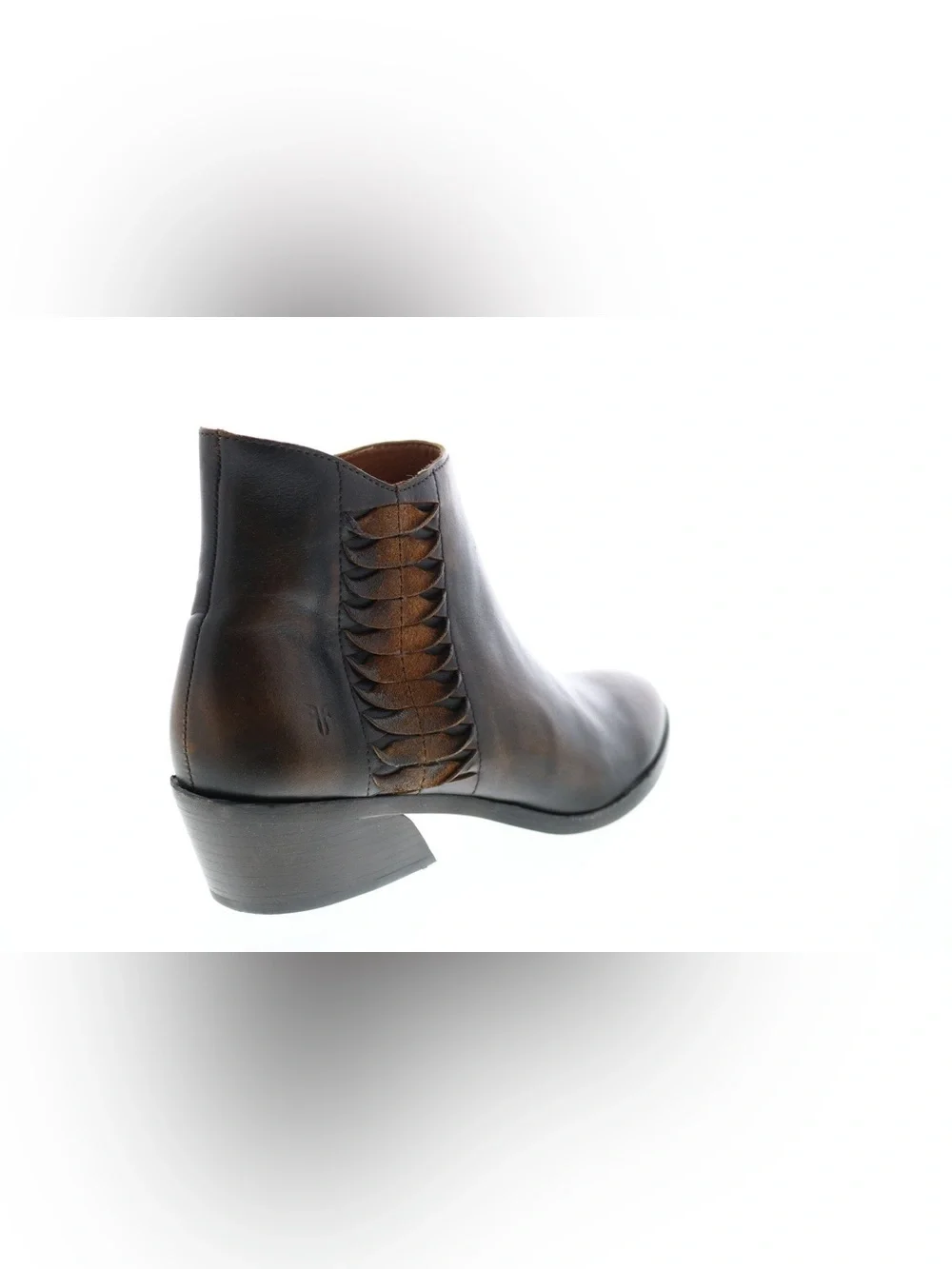 Like-New Women’s Frye Farrah Feather Ankle Bootie in Brown Leather, size 7.5 M